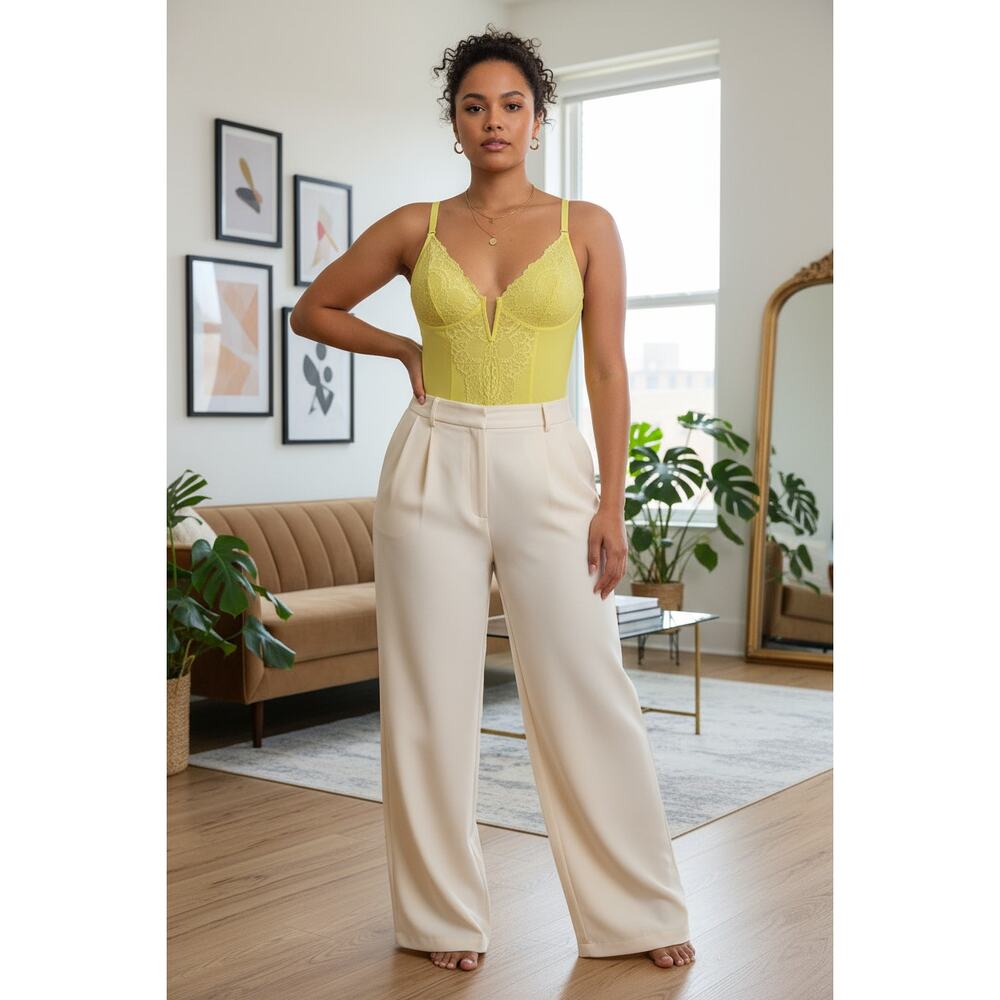 Popilush Lace Deep V-Neck Shapewear Bodysuit Yellow Size XL Coquette Glam
